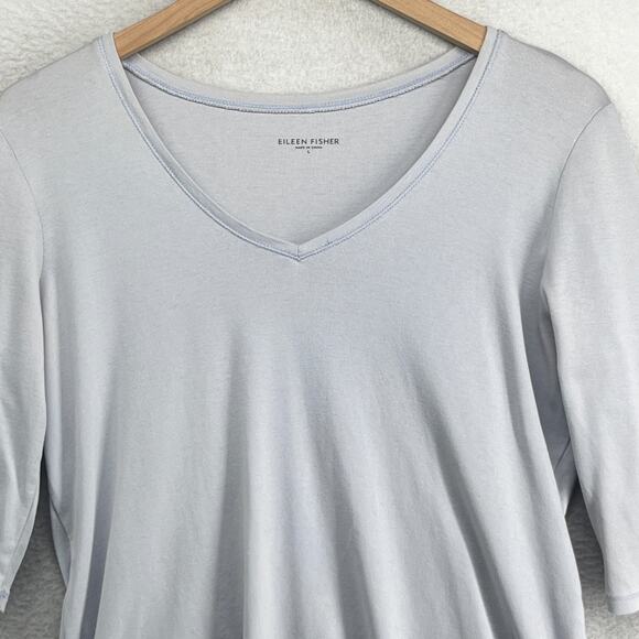 EILEEN FISHER Top L Organic Cotton Ribbed Jersey V-Neck Elbow Sleeve Light Blue - Picture 3 of 13